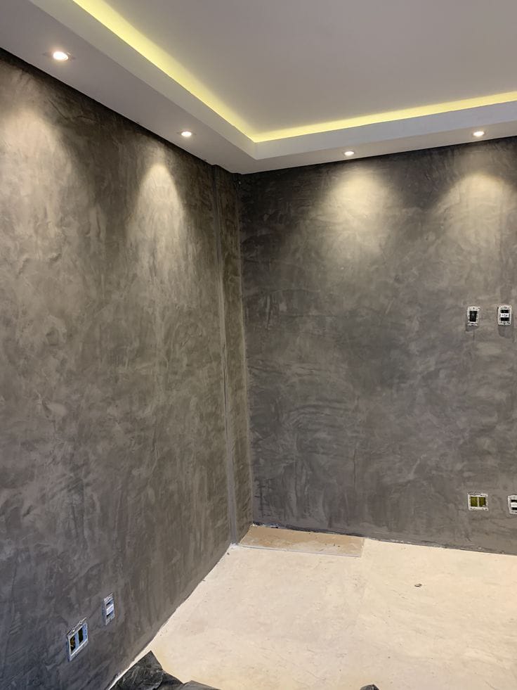 Cimento queimado + sanca invertida — Acabamento em Sala, estilo Moderno